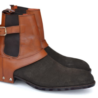 Crafted Leather Men Classic Black Suede Brown Leather Buckle Strap Cowboy Boot - Thumbnail 3