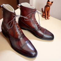 Crafted Leather Classic Handmade Brown Patina Leather Ankle High Lace up Dress Boot - Thumbnail 3