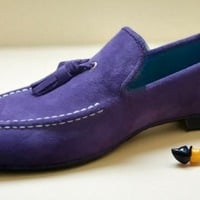 Crafted Leather Classic Purple Suede Leather Tassel Loafers Dress Shoes - Thumbnail 1