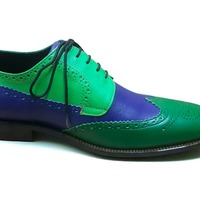 Crafted Leather Classic Blue Green Leather Wingtip Oxford Dress Shoes - Thumbnail 1