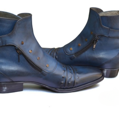 Crafted leather classic men blue leather jodhpur strap side zipper button boot
