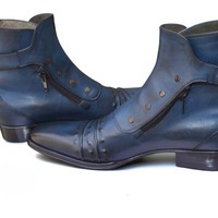 Crafted Leather Classic Men Blue Leather Jodhpur Strap Side Zipper Button Boot - Thumbnail 1
