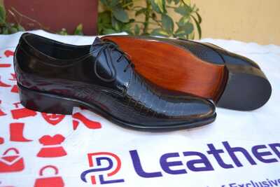 Crafted Leather Classic Men Black Crocodile Leather Alligator Dress Shoes