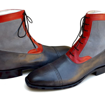 Crafted leather handmade men's gray red leather contrast ankle high lace up dress boot