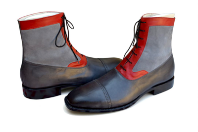 Crafted Leather Handmade Men's Gray Red Leather Contrast Ankle High Lace up Dress Boot