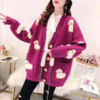 Cartoon Sheep Loose Cardigan Cozy Knit Sweater with Pockets - Thumbnail 5