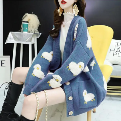 Cartoon sheep loose cardigan cozy knit sweater with pockets