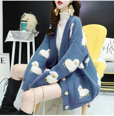 Cartoon Sheep Loose Cardigan Cozy Knit Sweater with Pockets