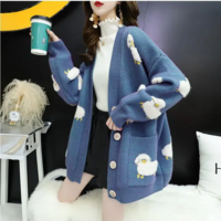 Cartoon Sheep Loose Cardigan Cozy Knit Sweater with Pockets - Thumbnail 1