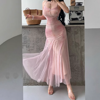 Mesh splicing suspender dress seaside holiday temperament hip long skirt - Thumbnail 1