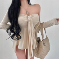Women's Twisted Pleated Ribbon Tube Top + Long-sleeved Cardigan Jacket Two-piece Set - Thumbnail 1