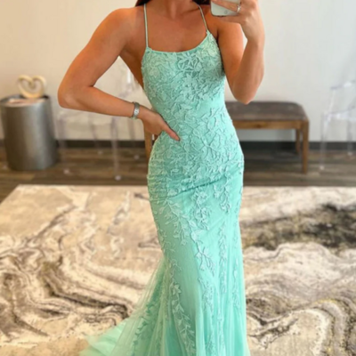 Spaghetti straps mermaid backless lace prom dresses - Thumbnail 1