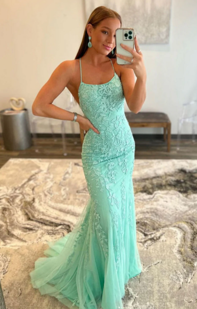 Spaghetti Straps Mermaid Backless Lace Prom Dresses