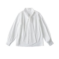High-grade satin sweet shirt bow white loose versatile commuter top - Thumbnail 5
