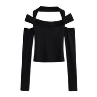 Sexy one-shoulder bottoming shirt for women in autumn new solid color tight T-shirt - Thumbnail 1