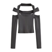Sexy one-shoulder bottoming shirt for women in autumn new solid color tight T-shirt - Thumbnail 2
