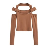 Sexy one-shoulder bottoming shirt for women in autumn new solid color tight T-shirt - Thumbnail 4
