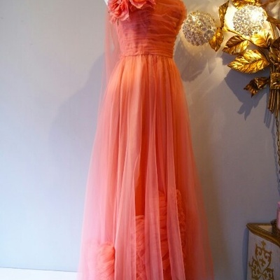 Vintage coral a line prom dress evening formal gown birthday party gown - Thumbnail 1