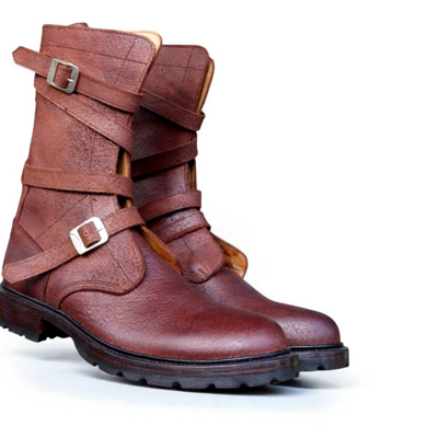 Crafted leather handmade men's brown grain leather military strap ankle high combat jodhpur boot