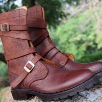 Crafted Leather Handmade Men's Brown Grain Leather Military Strap Ankle High Combat Jodhpur Boot - Thumbnail 4