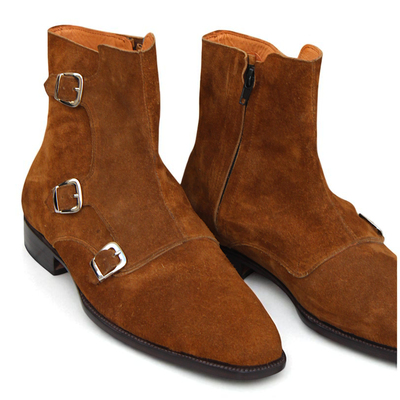 Crafted leather brown triple monk boots, men suede leather dress jodhpur boots, handmade boot