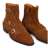 Crafted Leather Brown Triple Monk Boots, Men Suede Leather Dress Jodhpur Boots, Handmade Boot - Thumbnail 1