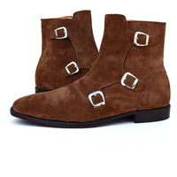 Crafted Leather Brown Triple Monk Boots, Men Suede Leather Dress Jodhpur Boots, Handmade Boot - Thumbnail 2