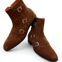 Crafted Leather Brown Triple Monk Boots, Men Suede Leather Dress Jodhpur Boots, Handmade Boot - Thumbnail 3