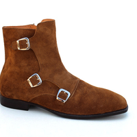 Crafted Leather Brown Triple Monk Boots, Men Suede Leather Dress Jodhpur Boots, Handmade Boot - Thumbnail 4