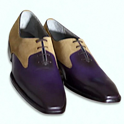 Crafted leather classic men blue beige suede leather oxford lace up dress shoes - Thumbnail 2