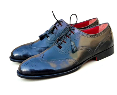 Crafted Leather Classic Black Calf Leather Wingtip Oxford Dress Shoes