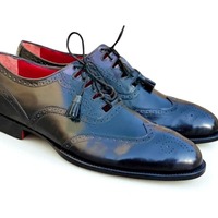Crafted Leather Classic Black Calf Leather Wingtip Oxford Dress Shoes - Thumbnail 2