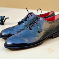 Crafted Leather Classic Black Calf Leather Wingtip Oxford Dress Shoes - Thumbnail 4