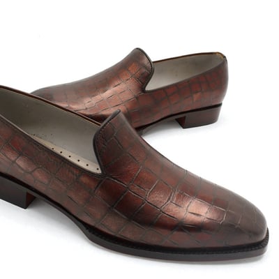 Crafted leather classic brown crocodile leather moccasin loafers dress shoes - Thumbnail 1