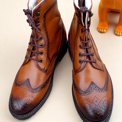 Crafted leather classic men brown leather ankle high lace up wingtip balmoral dress boot