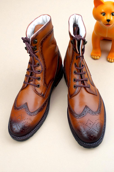 Crafted Leather Classic Men Brown Leather Ankle High Lace up Wingtip Balmoral Dress Boot