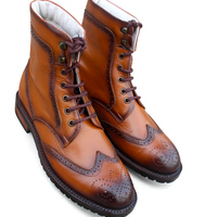 Crafted Leather Classic Men Brown Leather Ankle High Lace up Wingtip Balmoral Dress Boot - Thumbnail 1