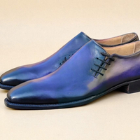 Crafted Leather Classic Blue Calf Leather Side Laces Oxford Dress Shoes - Thumbnail 4