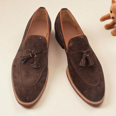 Crafted leather brown suede leather tassel loafers dress shoes - Thumbnail 2