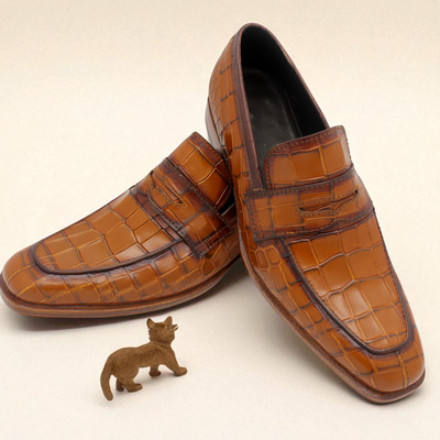 Crafted leather classic brown crocodile/alligator leather loafers dress shoes - Thumbnail 1