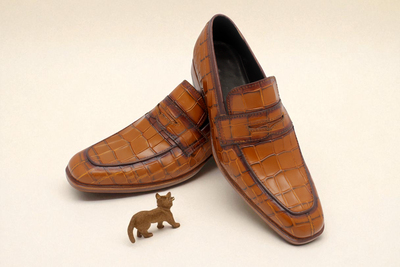 Crafted Leather Classic Brown Crocodile/Alligator Leather Loafers Dress Shoes