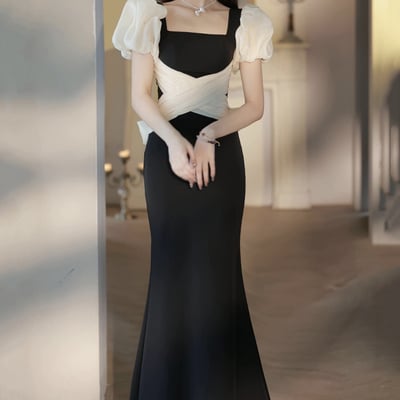 Mermaid long prom dress, black short sleeve evening party dress - Thumbnail 1