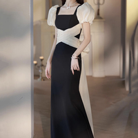 Mermaid Long Prom Dress, Black Short Sleeve Evening Party Dress - Thumbnail 1