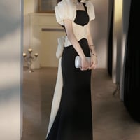 Mermaid Long Prom Dress, Black Short Sleeve Evening Party Dress - Thumbnail 2