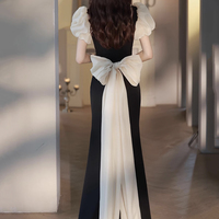 Mermaid Long Prom Dress, Black Short Sleeve Evening Party Dress - Thumbnail 3