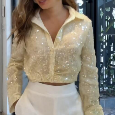 Elegant Long Sleeve Yellow Glitter Shirt
