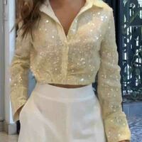 Elegant Long Sleeve Yellow Glitter Shirt - Thumbnail 1