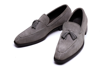 Crafted Leather Classic Genuine Gray Suede Leather Tassel Loafers Dress Shoes