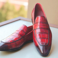 Crafted Leather Classic Red Crocodile Leather Moccasin Loafers Dress Shoes - Thumbnail 1