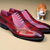 Crafted Leather Classic Burgundy Calf Leather Wingtip Oxford Dress Shoes - Thumbnail 2